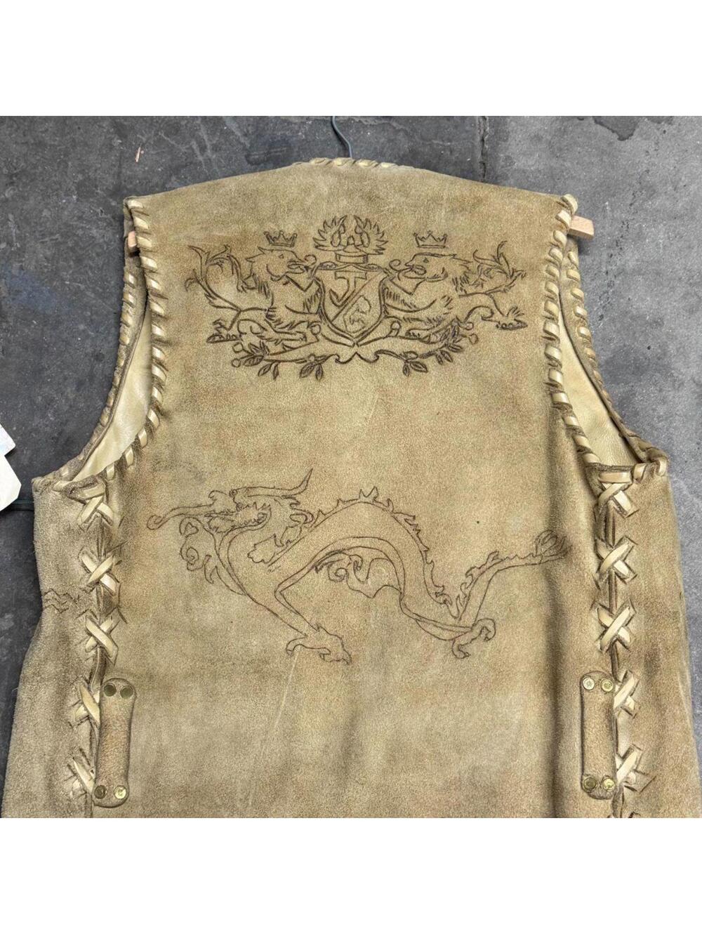 Vintage 60s 70s Suede Buckskin Western Film Costume Vest Stenciled Whipstitch - Picture 8 of 8